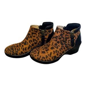 Alegria Sloan Leather Ankle Boots Womens 37 7-7.5 Wedge Leopard Work Comfort Zip
